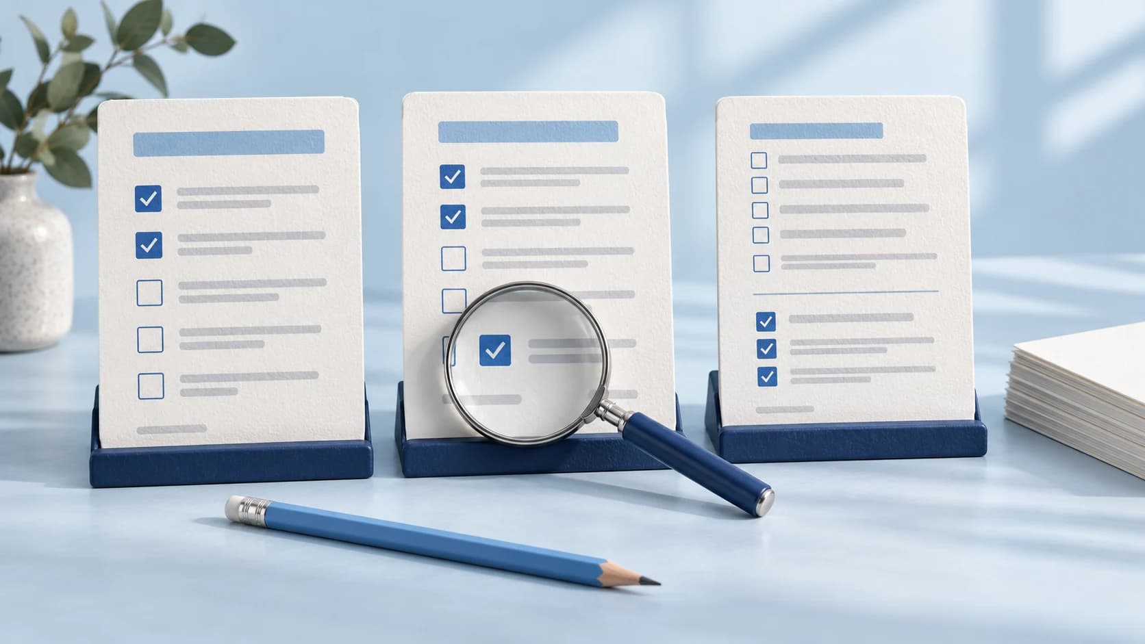 Three illustrated proposal sheets with different checklists and a magnifying glass highlighting one inclusion.