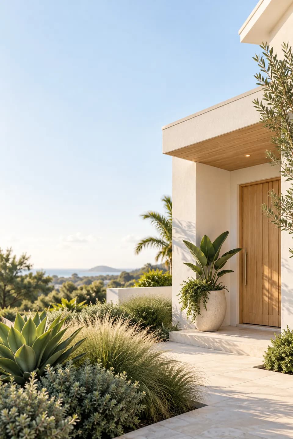 A sunlit contemporary home entrance surrounded by lush planting