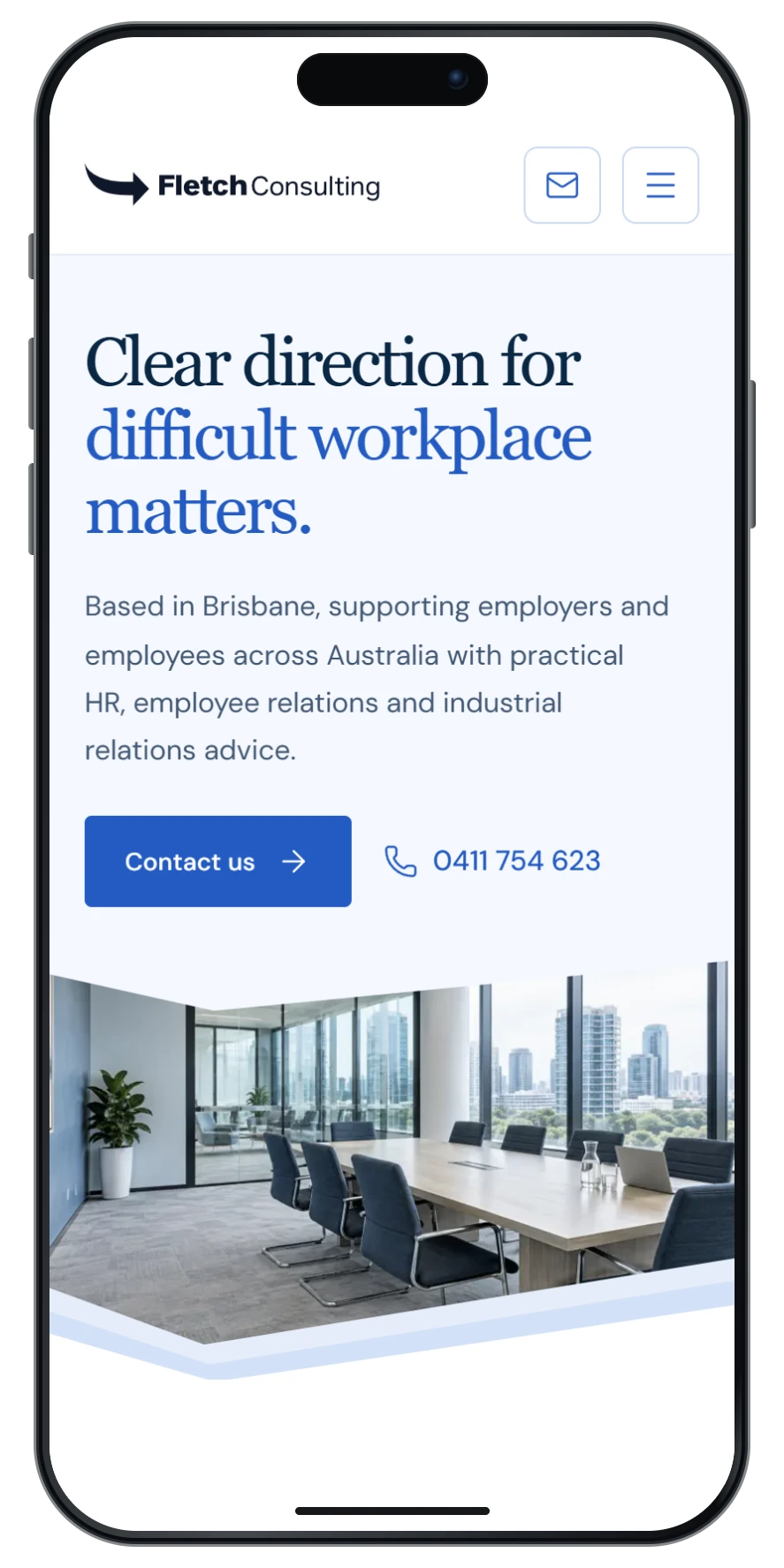 iPhone mockup displaying the Fletch Consulting mobile homepage