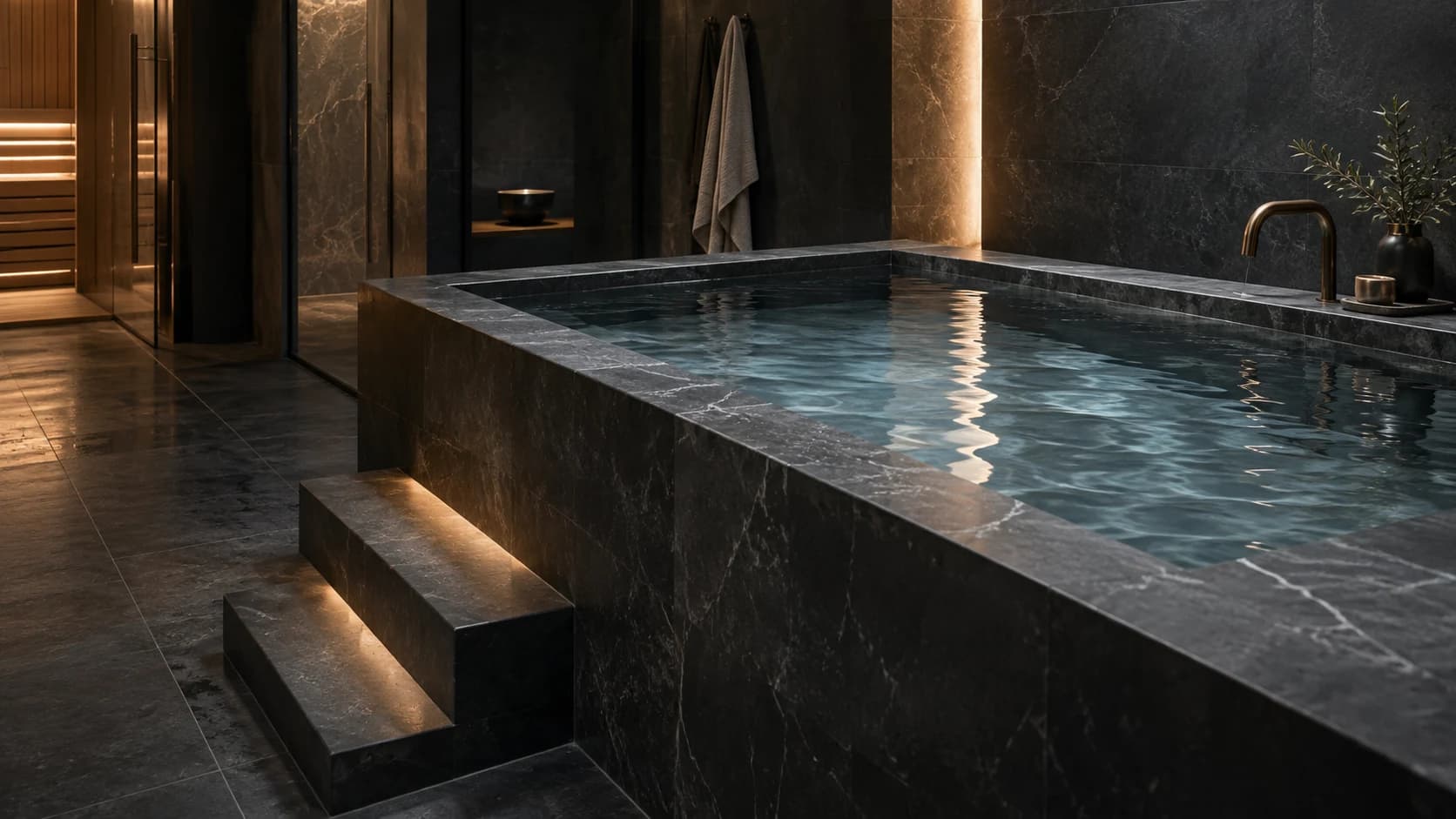 Charcoal stone cold-plunge pool with clear water and bronze fittings.