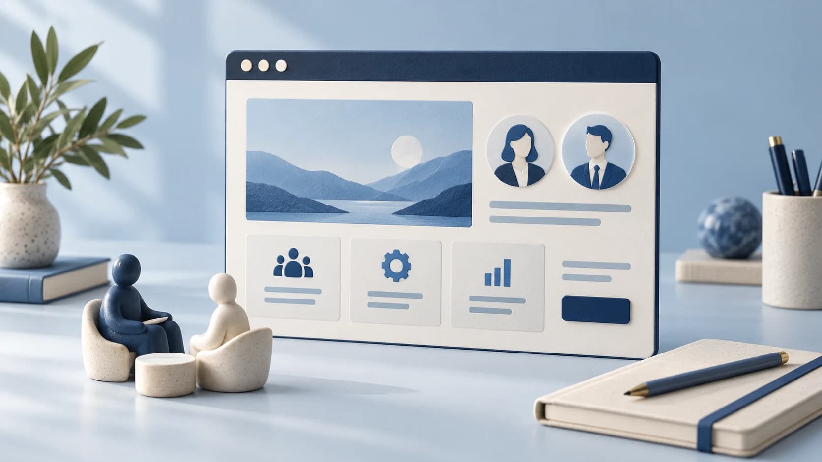 Illustrated consultancy website model with practitioner profiles, service cards and two figures in conversation.