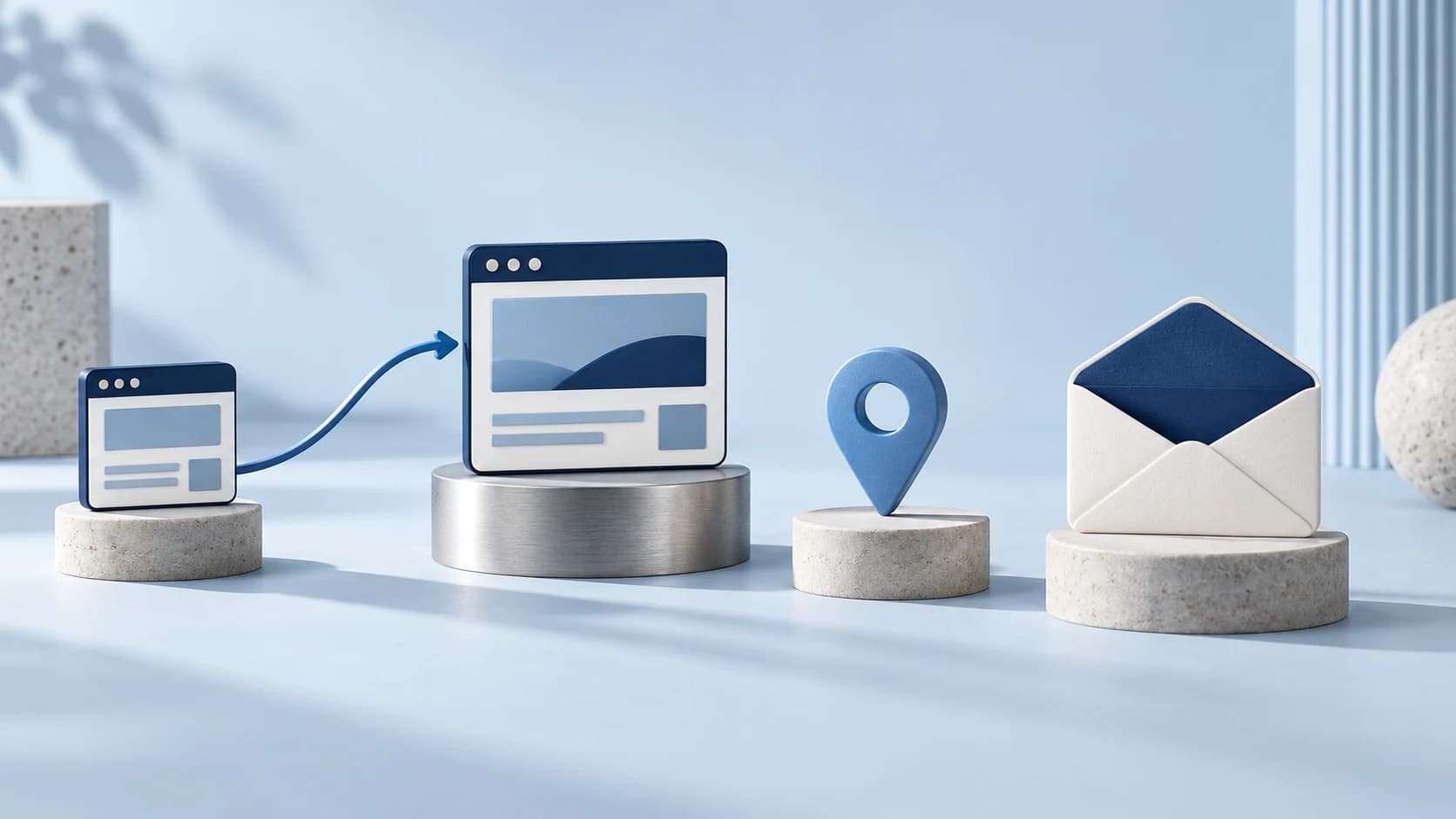 Illustration of a website moving to a new platform while an address pin and email envelope remain separate.