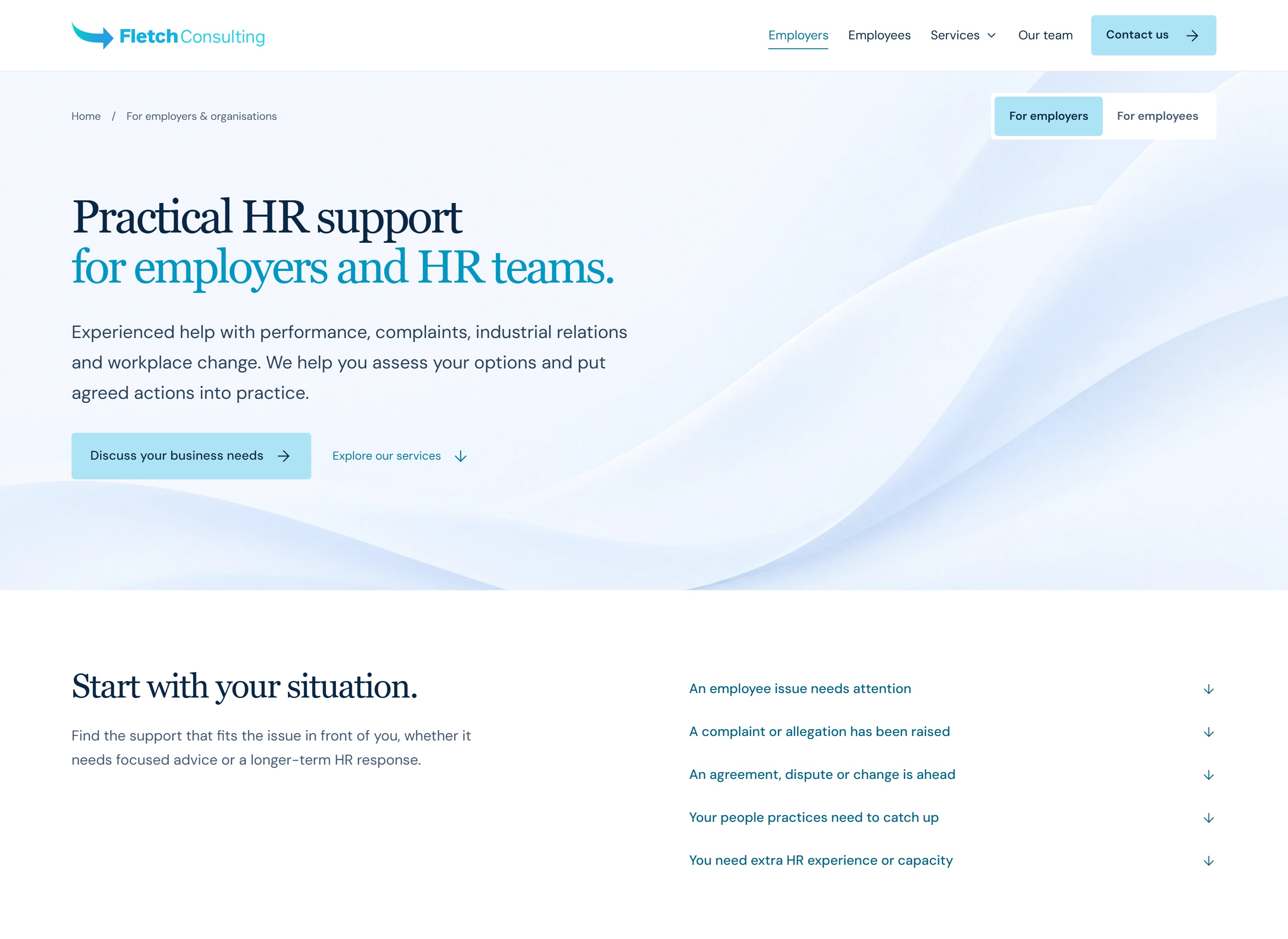 Support for employers page on the live Fletch Consulting website