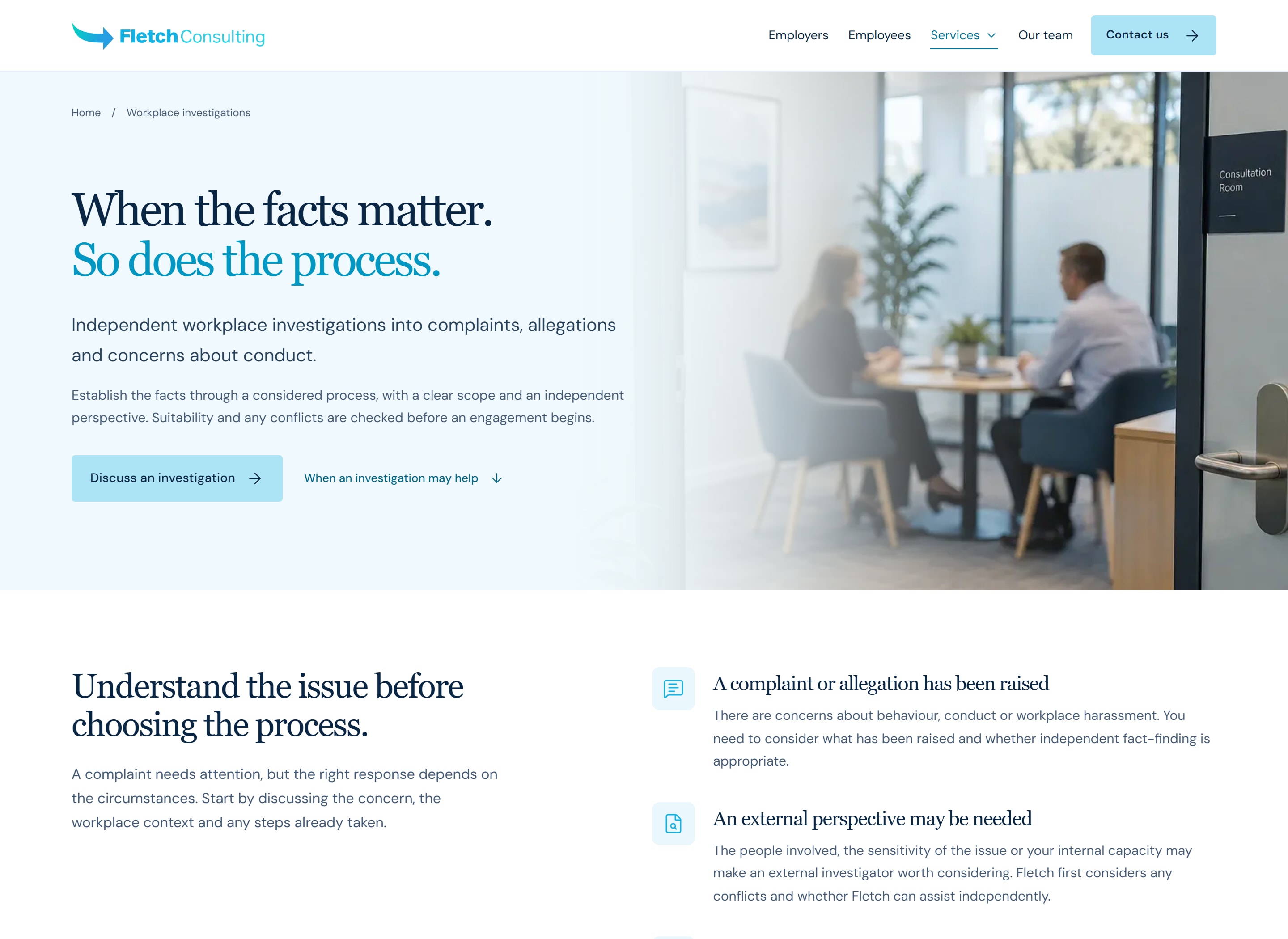 Workplace investigations page on the live Fletch Consulting website