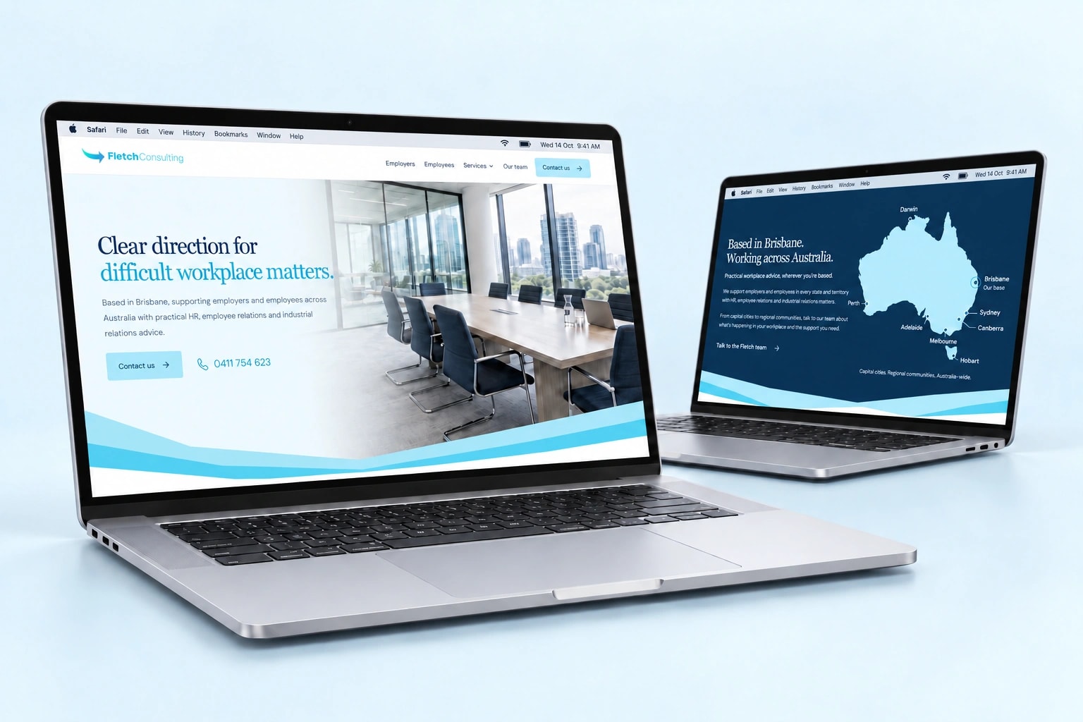 Two silver MacBooks showing the Fletch Consulting homepage in front and Australia-wide support section behind