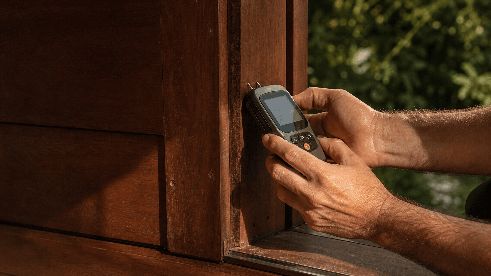 A close inspection of timber using a moisture detection meter