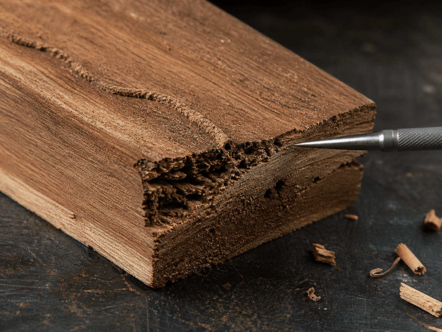 Close inspection of termite damage in structural timber