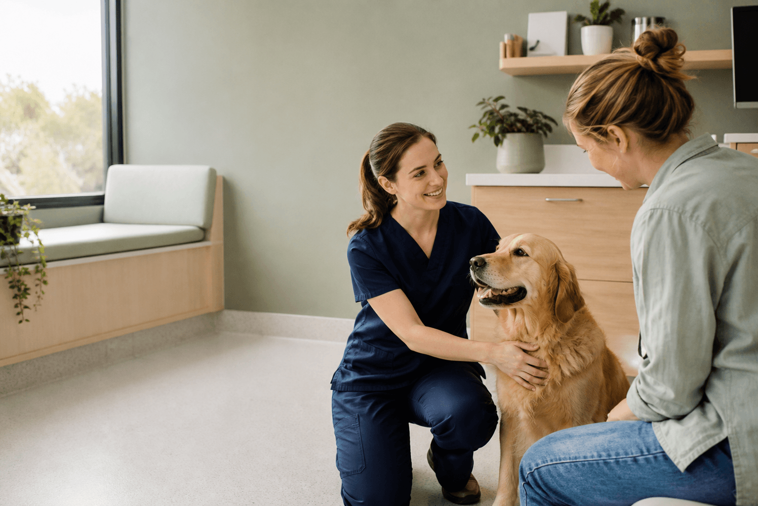 Veterinarian speaking with a dog owner in a calm, modern consultation room